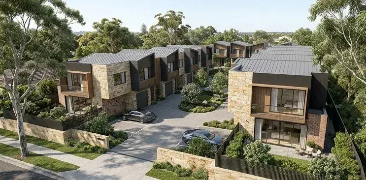 Design visualisation of a 12-townhouse development with grey brick and timber cladding among established trees