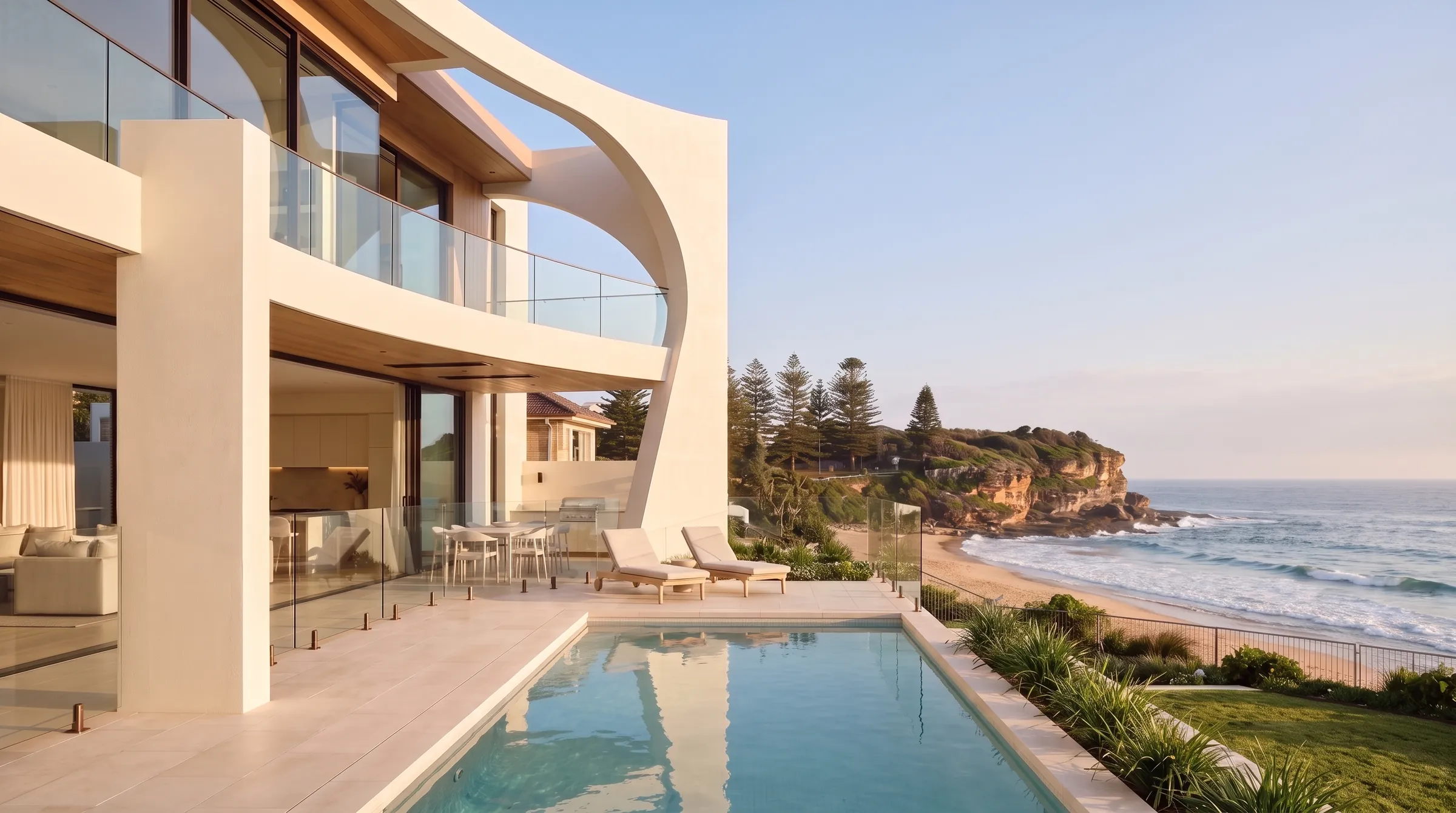 Design visualisation of the Freshwater Coastal Residence at golden hour, a sculptural curved arch in warm lime render above an ocean terrace and pool, Freshwater Beach behind