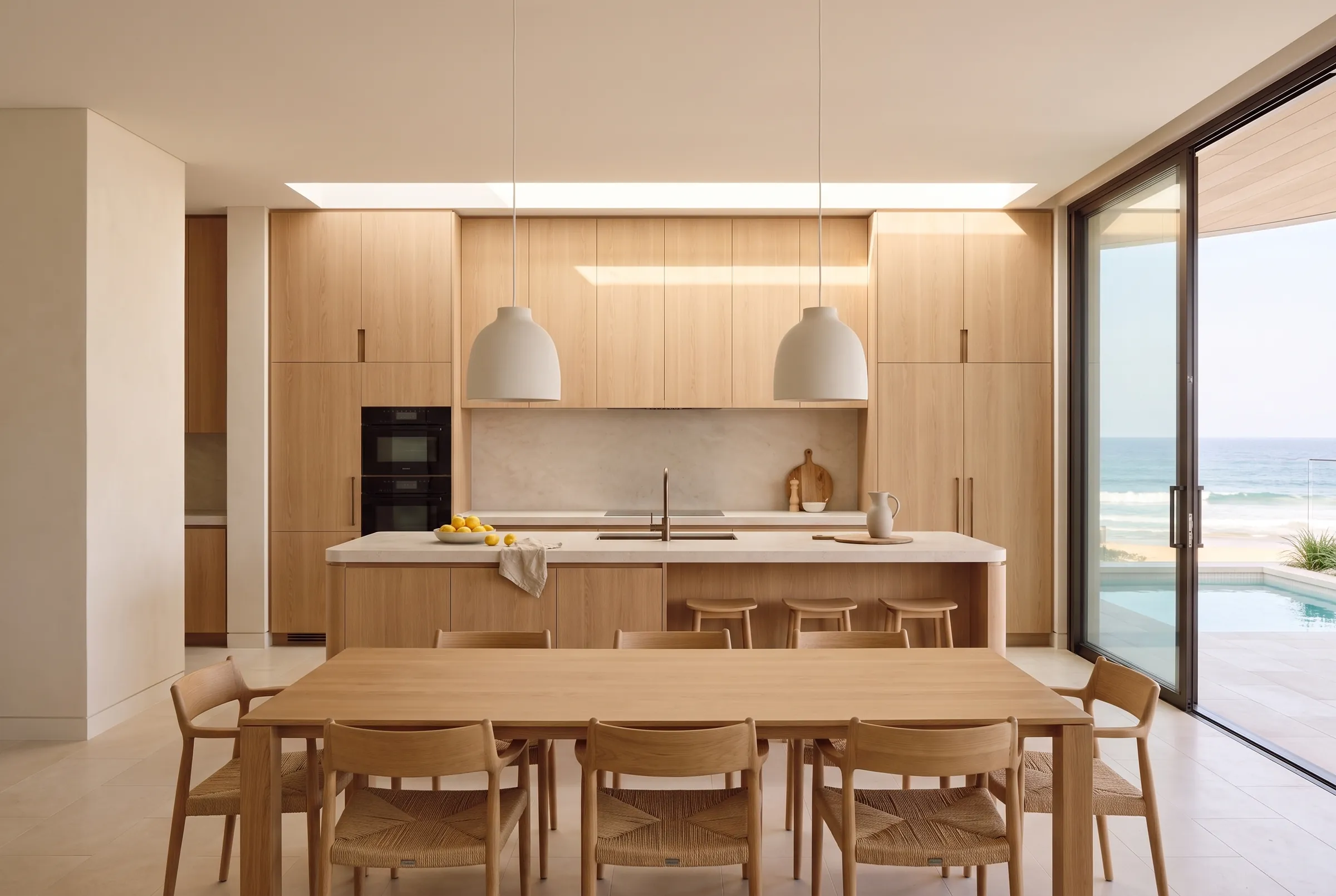 Kitchen and dining design visualisation with full-height oak joinery, a limestone-topped island and an oak dining table