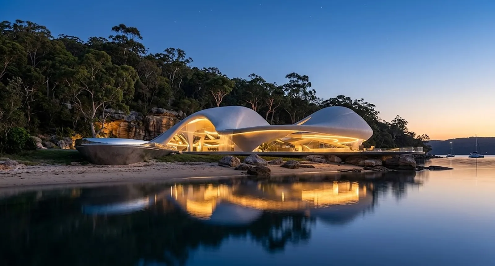 Design visualisation of Infinity Shores at blue hour, the glowing shell house reflected in still Pittwater water