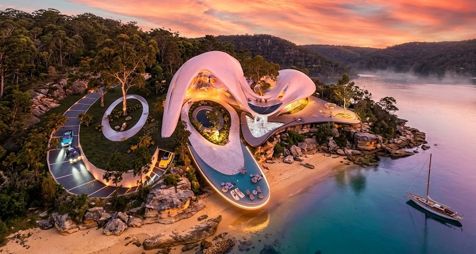 Drone design visualisation of Infinity Shores on a sandstone point at Pittwater at sunset, with the spiral driveway, courtyard waterfall and oval terrace