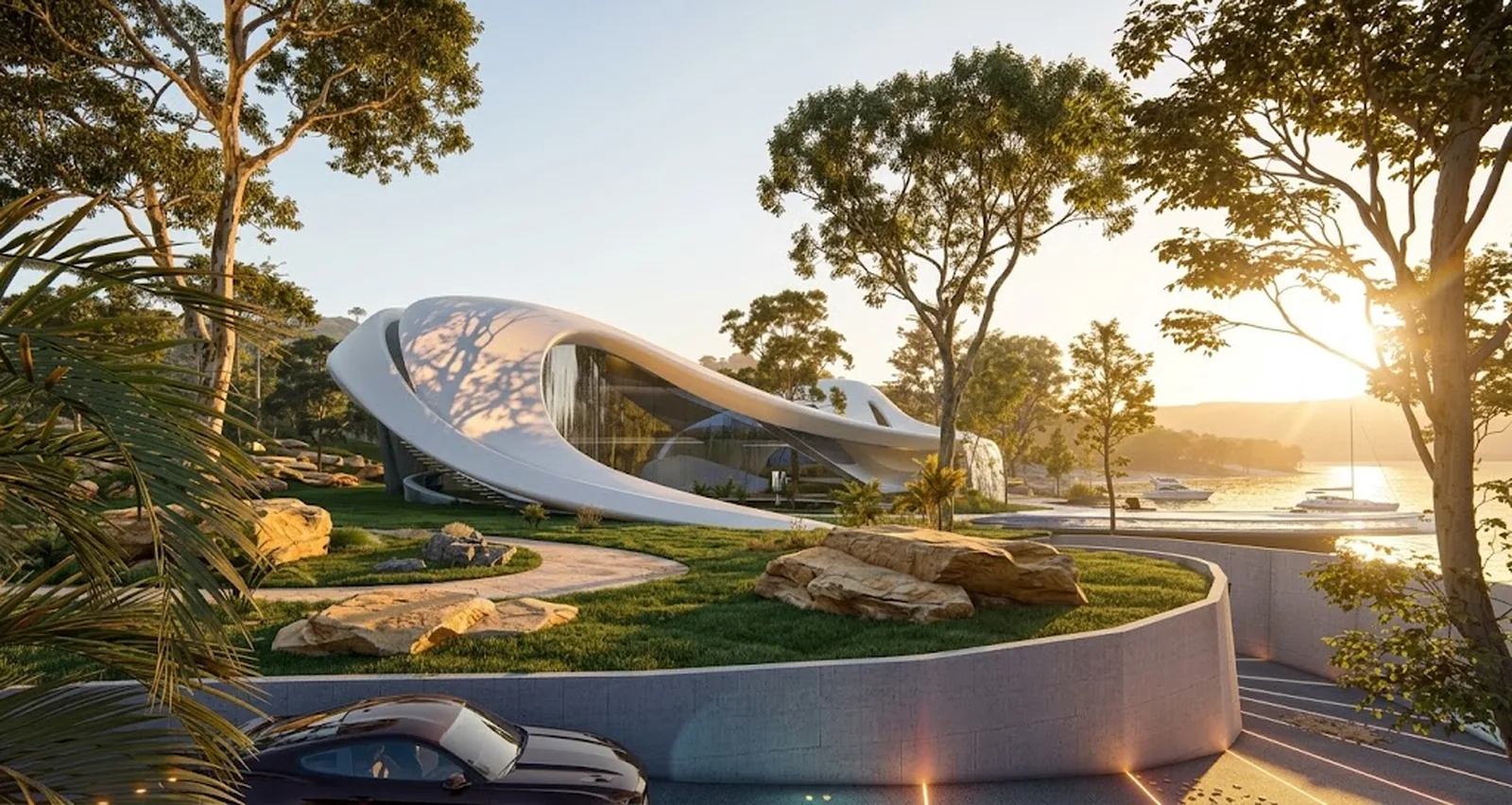 Design visualisation of the curved entry wall and white shell of Infinity Shores in golden morning light with Pittwater beyond