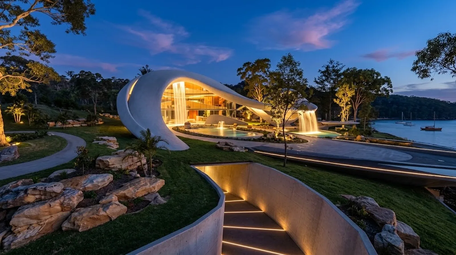 Design visualisation of the roof waterfall pouring into the courtyard pool of Infinity Shores at blue hour