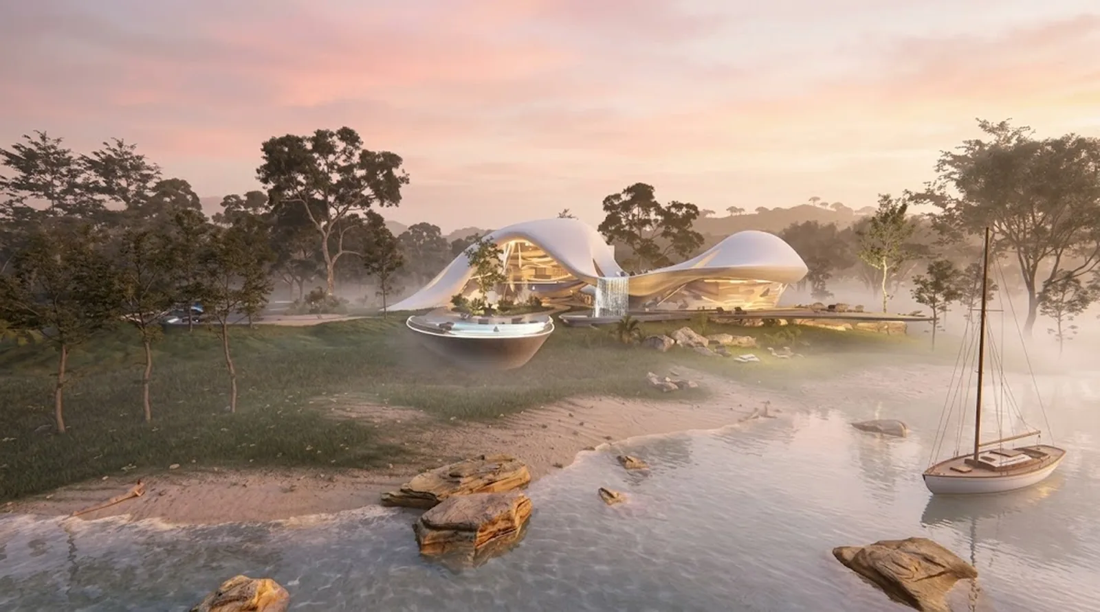 Design visualisation of Infinity Shores in morning mist on Pittwater with a moored timber yacht
