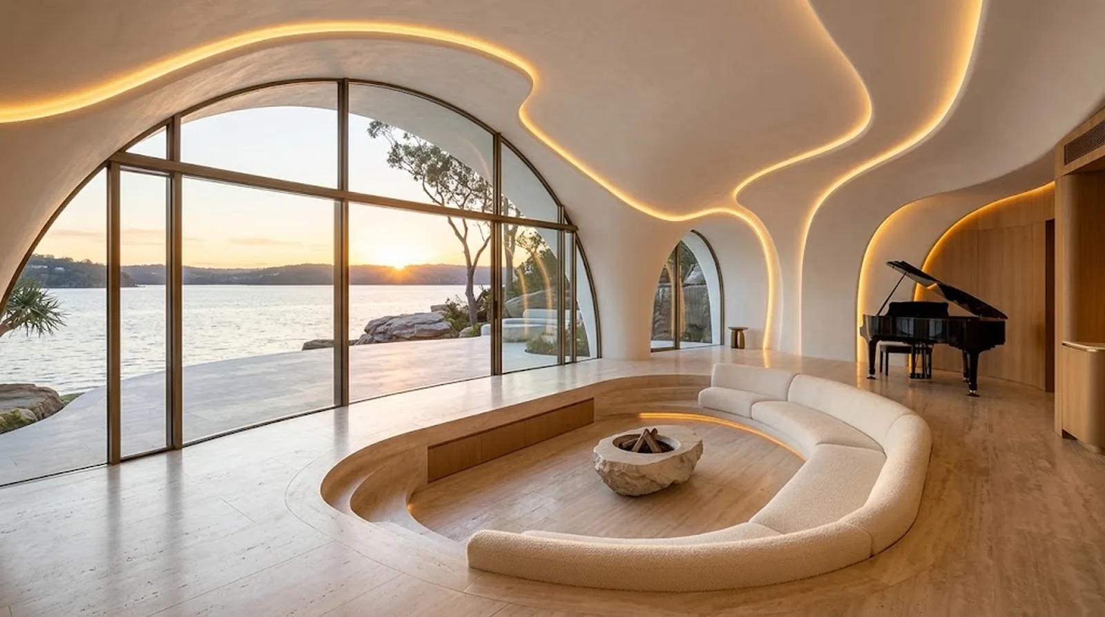 Interior design visualisation of a sunken curved conversation pit and grand piano facing Pittwater