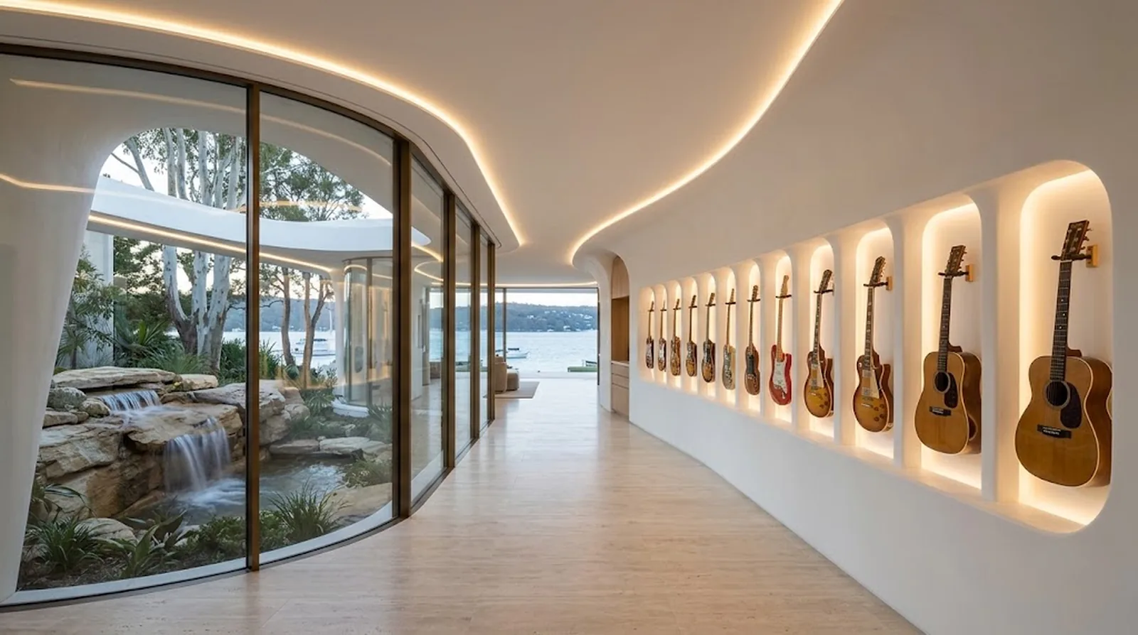 Interior design visualisation of a curved gallery with guitars in lit niches beside the waterfall courtyard