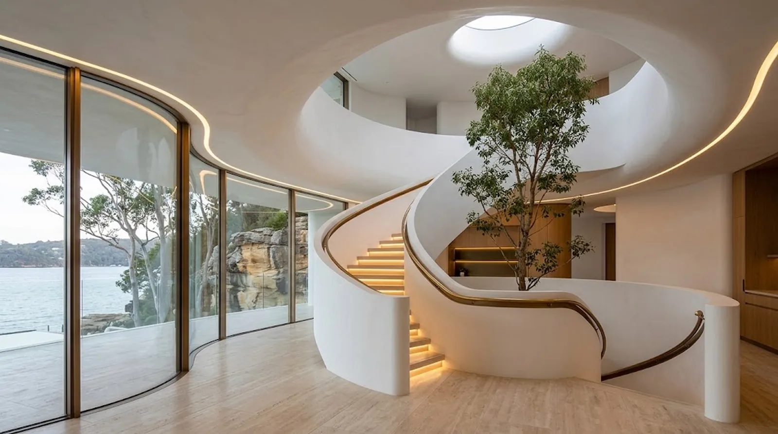 Interior design visualisation of a white ribbon spiral stair beside an indoor tree under a round skylight