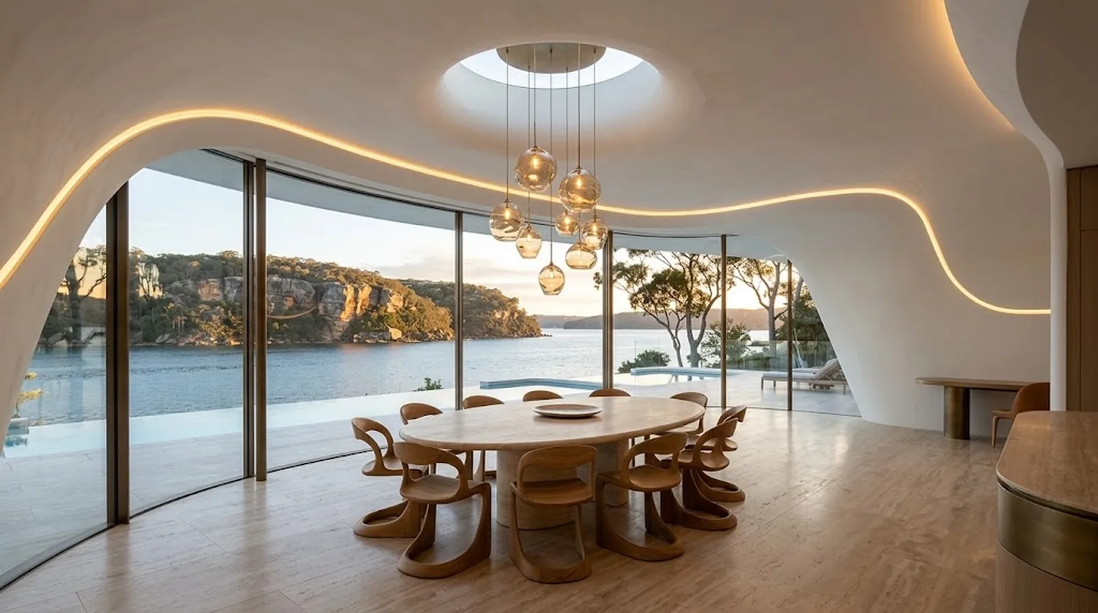 Interior design visualisation of an oval dining table under a round skylight with Pittwater beyond