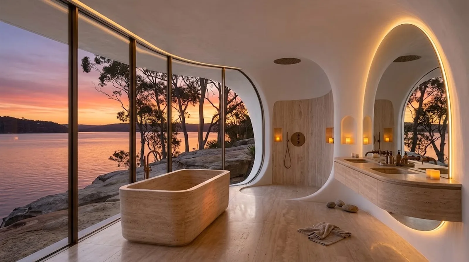 Interior design visualisation of a travertine bath facing Pittwater at sunset