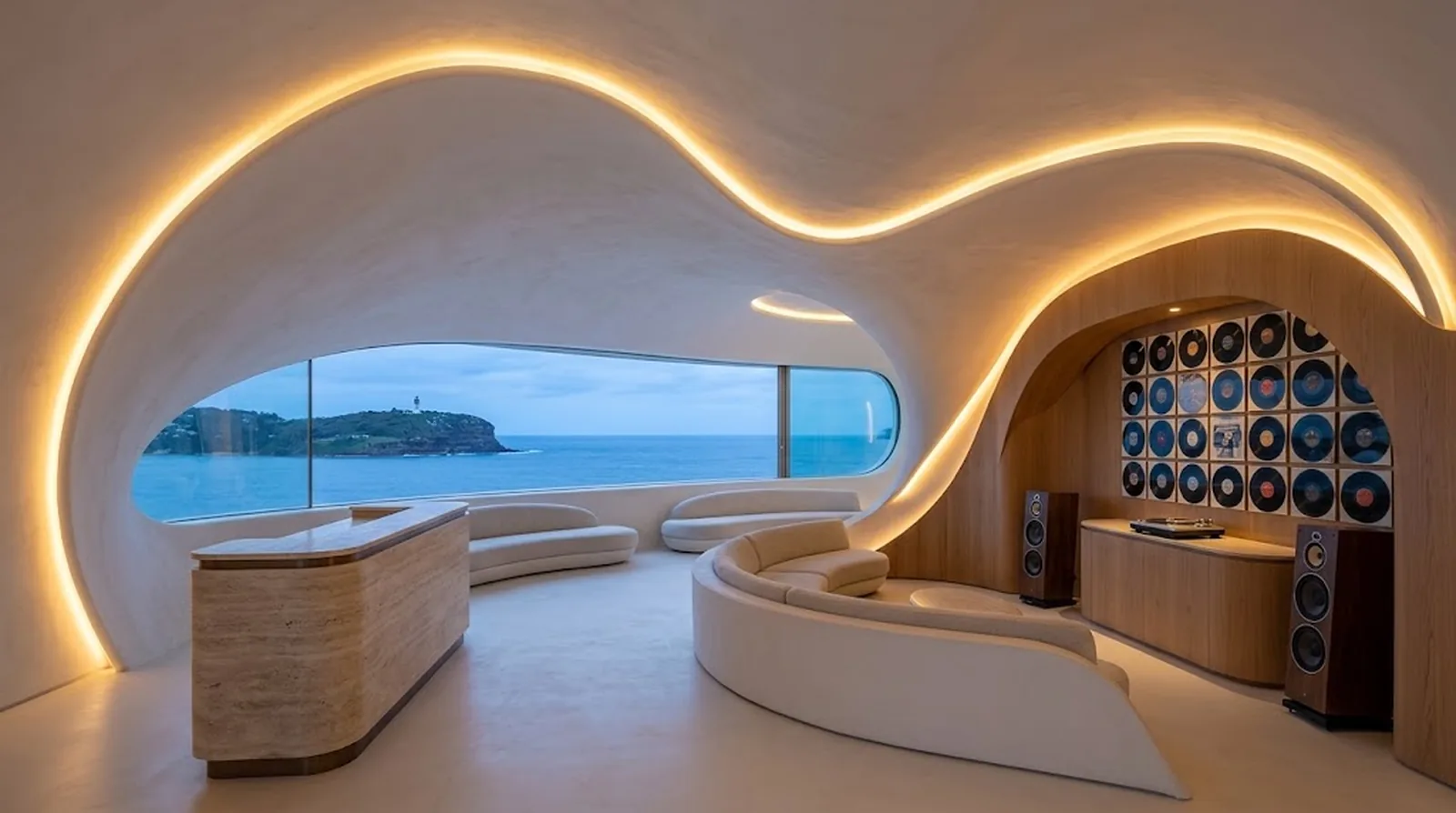 Interior design visualisation of the penthouse lounge with a record wall and a panoramic window to Pittwater