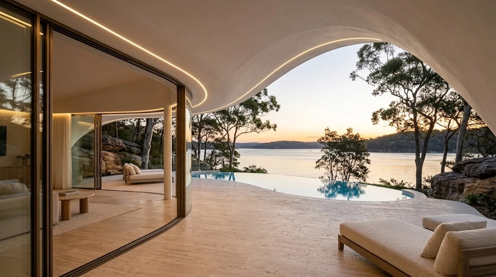 Interior design visualisation looking through opened curved glass to the terrace and infinity pool at sunset