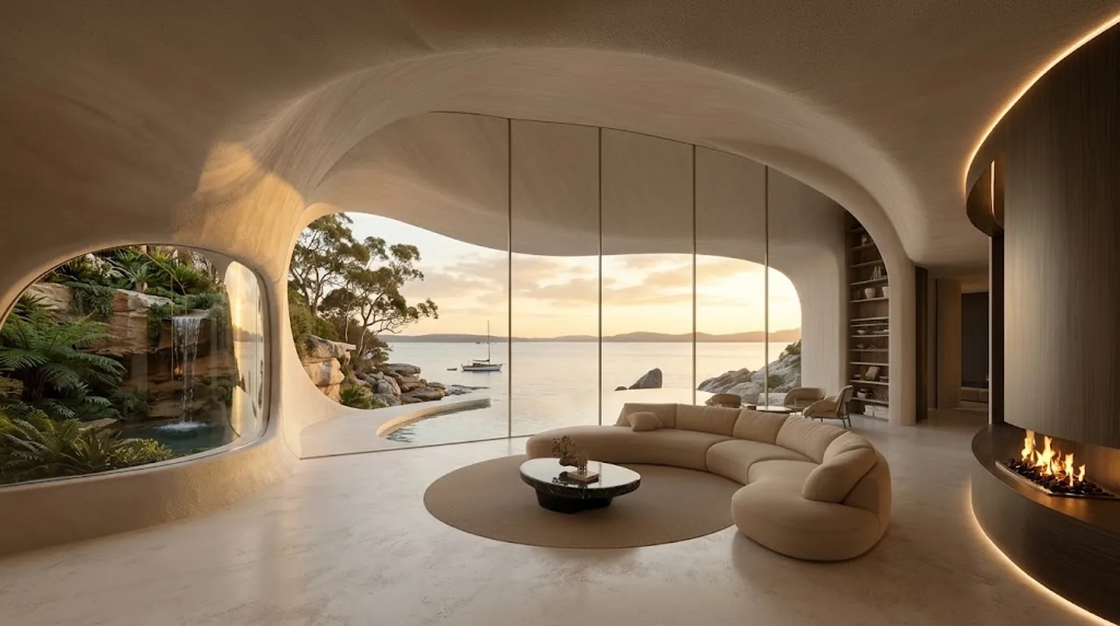 Interior design visualisation of the main lounge with a sweeping ivory shell ceiling, crescent sofa and curved glass to the pool and Pittwater at sunset
