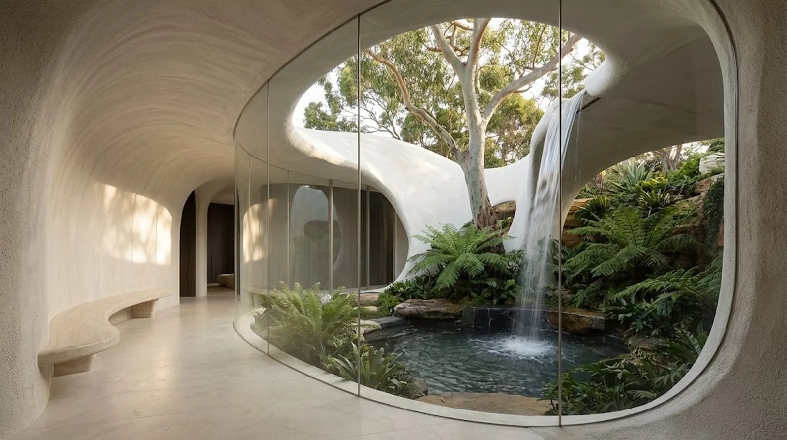 Interior design visualisation looking through curved glass into the planted courtyard and waterfall