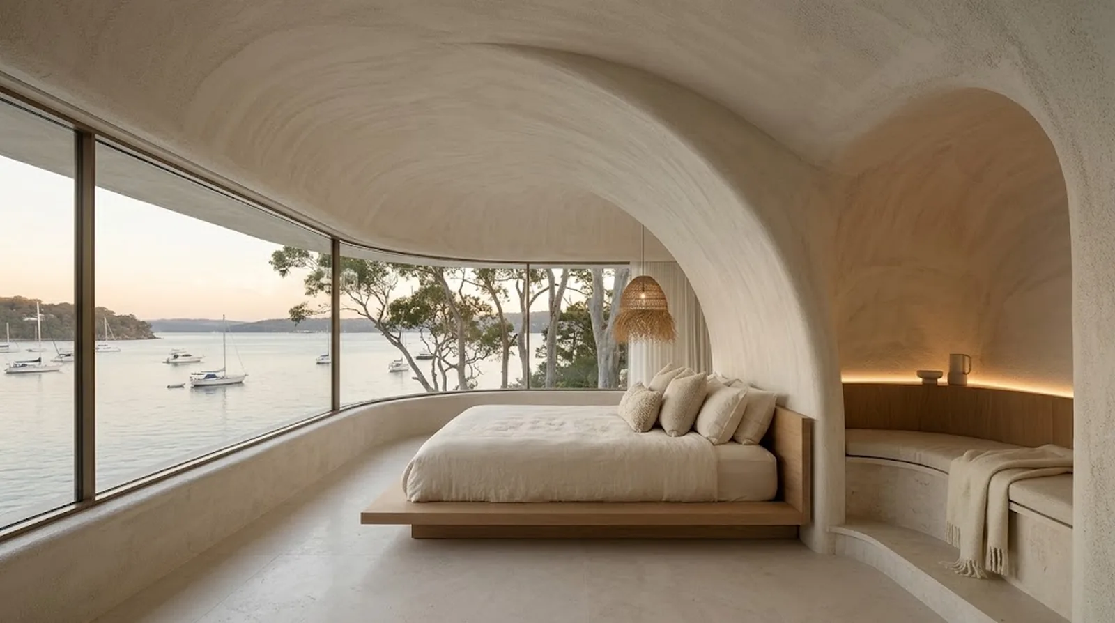 Interior design visualisation of a guest suite under the curved shell with Pittwater at dusk