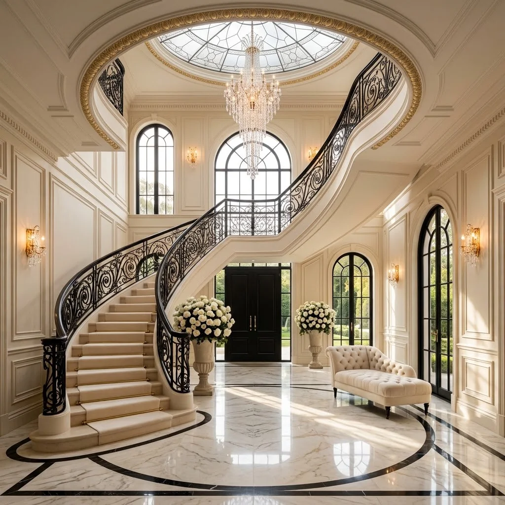 Interior design visualisation of a curved stone staircase with a hand-forged wrought-iron balustrade rising through a double-height void, lit by a round skylight and a crystal chandelier