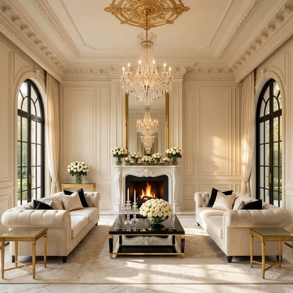 Formal lounge design visualisation with panelled walls, a marble fireplace beneath a gilt mirror, a crystal chandelier and tall arched French doors