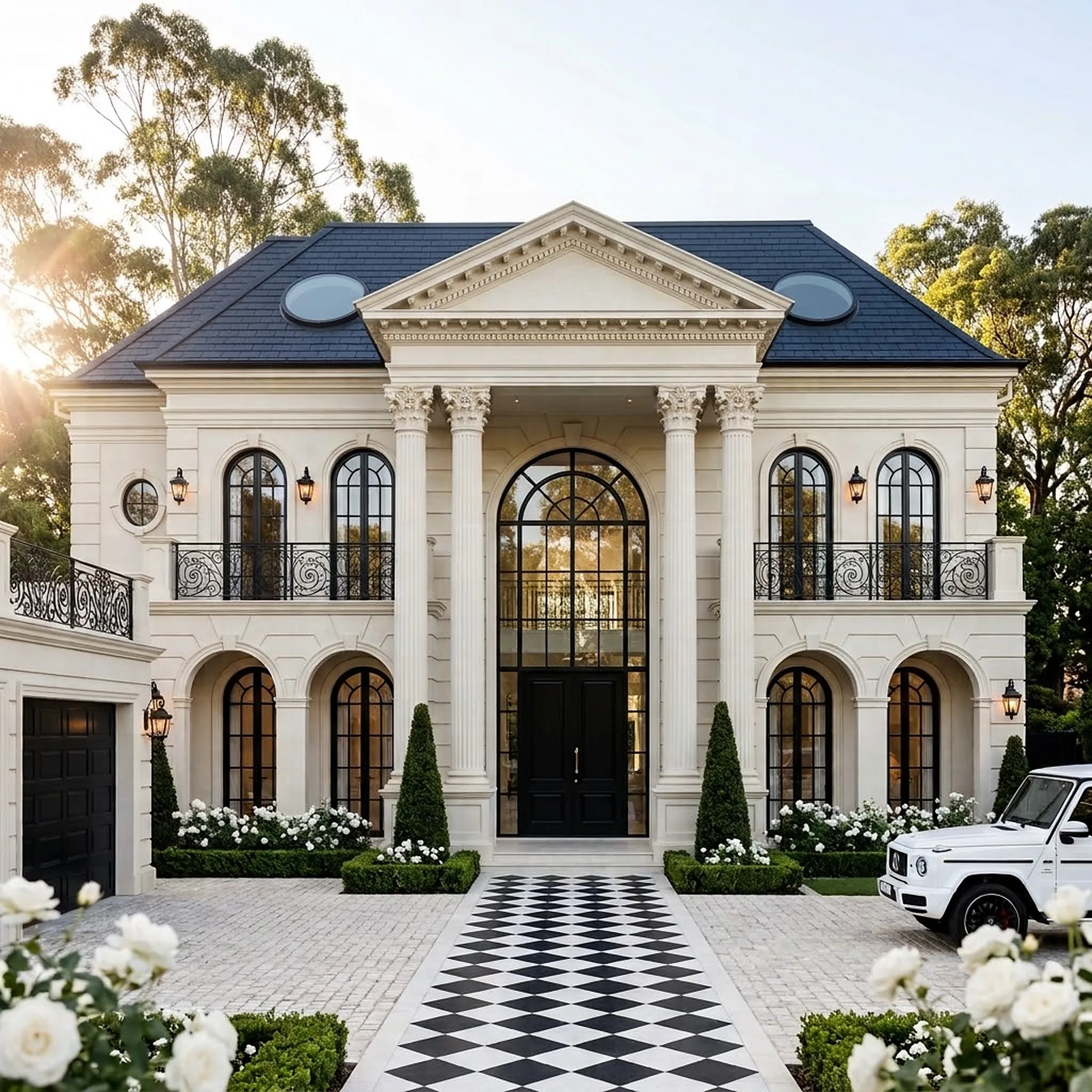 Design visualisation of a neoclassical new home in St Ives at golden hour, with a double-height Corinthian portico, arched black steel windows, wrought-iron balconies and a navy slate roof