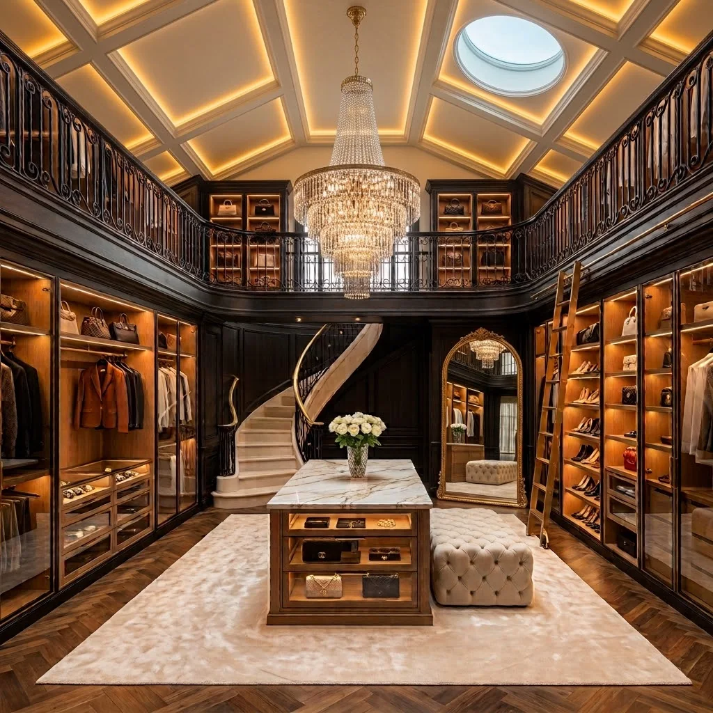 Design visualisation of a two-storey walk-in robe with lit joinery on two levels, a wrought-iron gallery, a curved stair, a marble island, a coffered raked ceiling and a round skylight