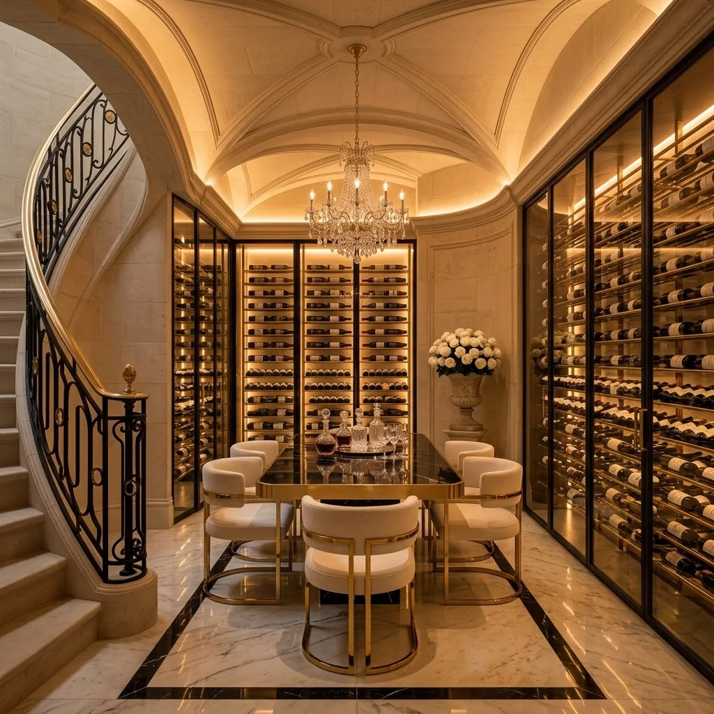 Wine cellar design visualisation with a vaulted ceiling, backlit wine walls, a marble tasting table and the spiral stair arriving at the base